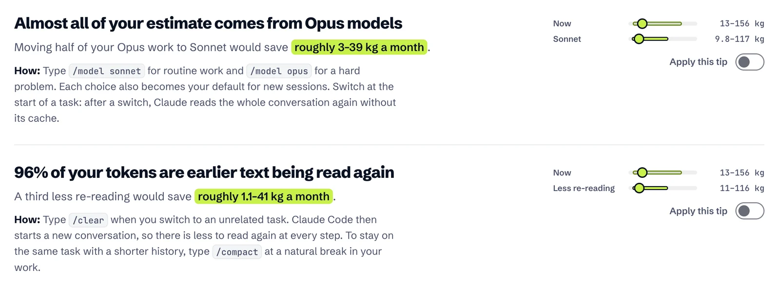 Two ways to cut: moving half of the Opus work to Sonnet, and a third less re-reading, each with the kilograms it saves and a switch to apply it