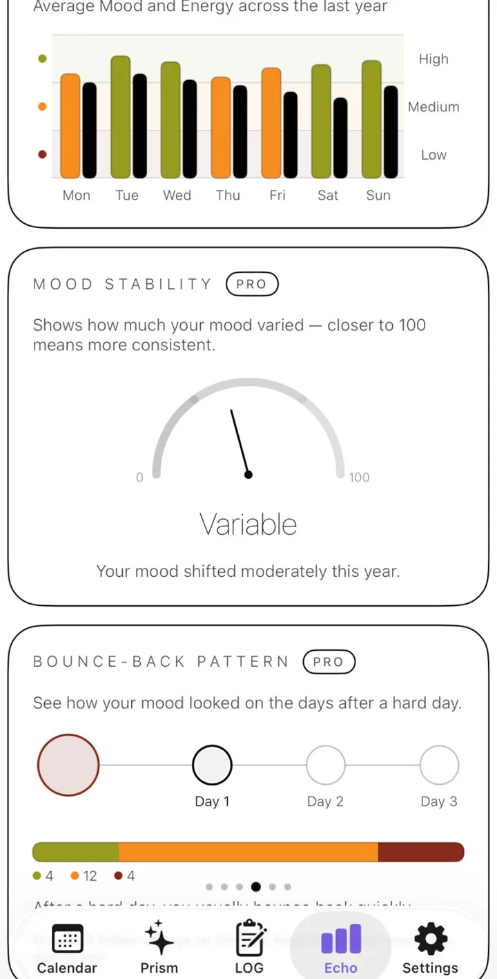 Hue of Year Echo view with charts of mood and energy by weekday, mood stability and bounce-back pattern