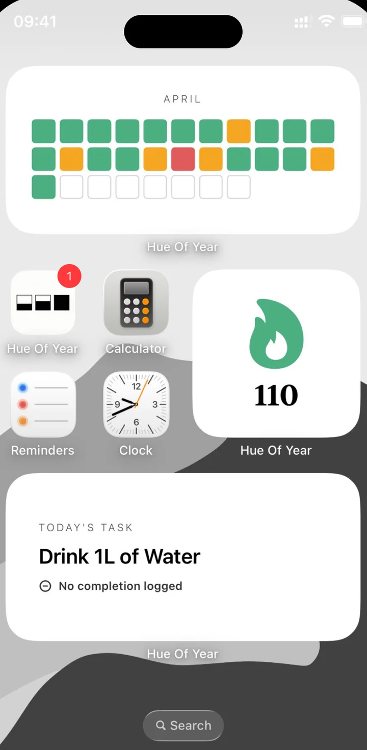 iPhone home screen with Hue of Year widgets showing April's colours, a 110-day streak and today's task